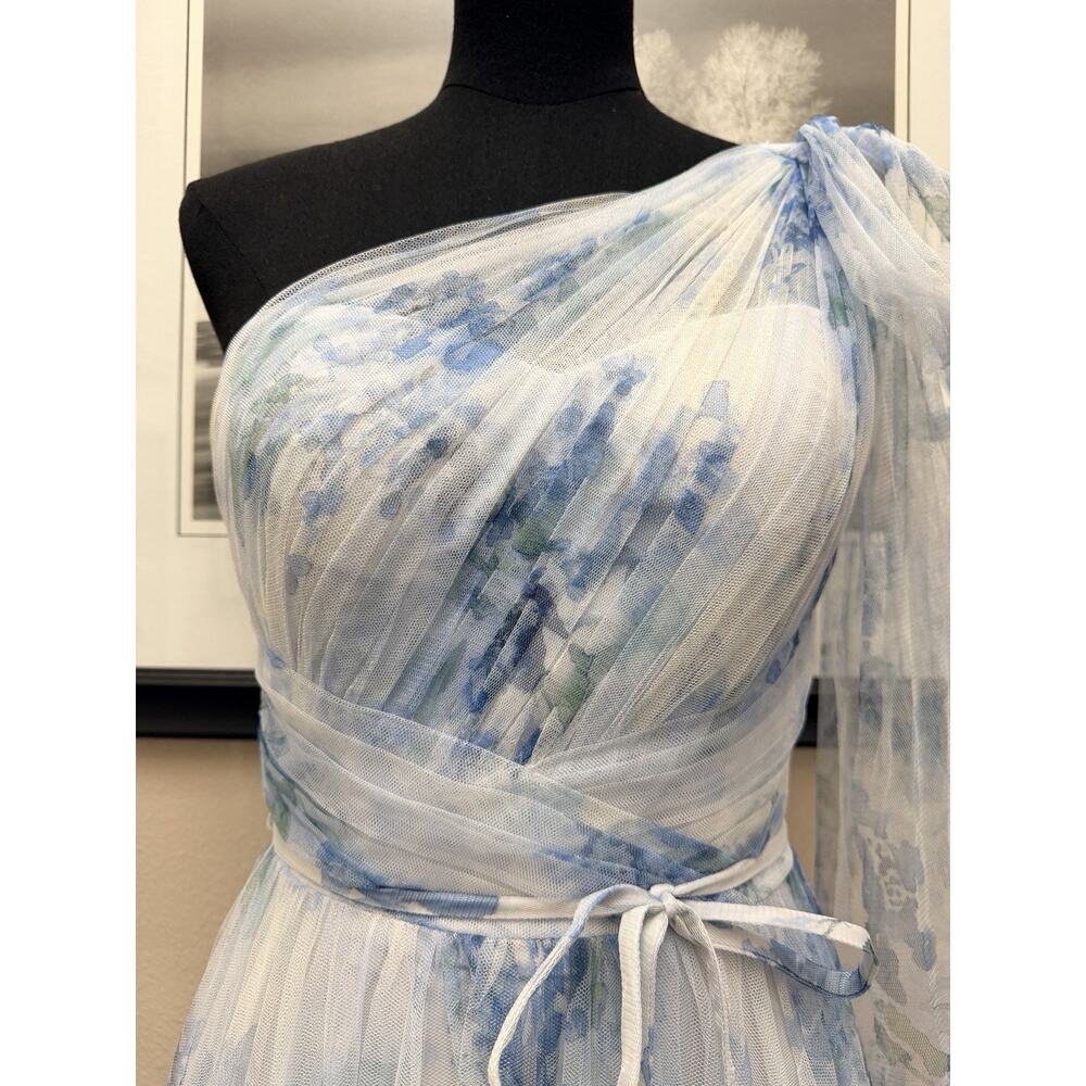 Marchesa Notte Blue Floral Dress One Shoulder Chiffon Bridesmaid Gown Sz 4 - Picture 9 of 13